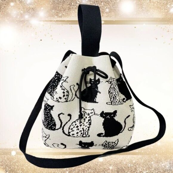 Black White Cat Bucket Bag Shoulder Crossbody Knit Drawstring - Picture 10 of 11